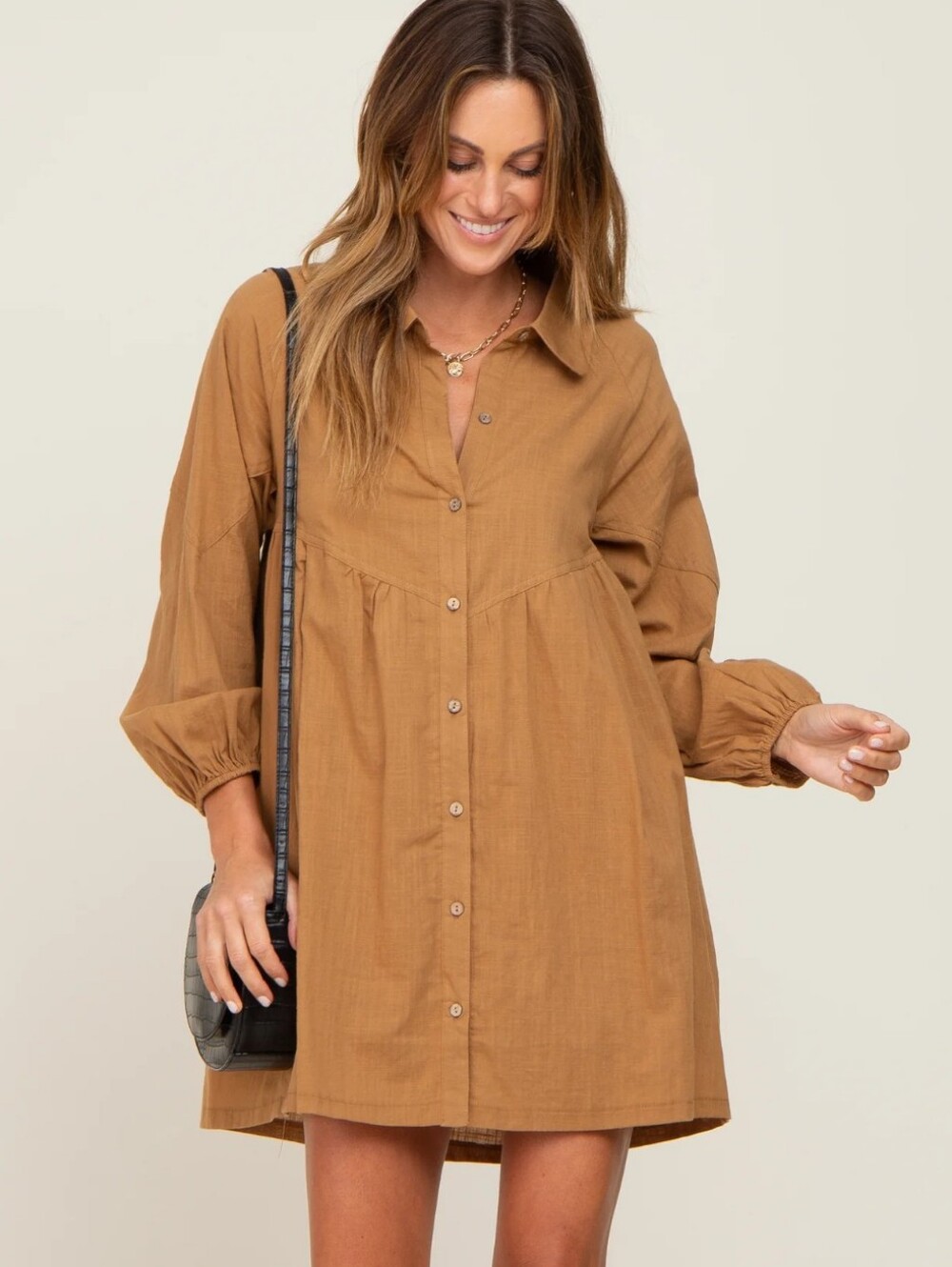 Relaxed Camel Button-Front Mini Dress Medium Boho Long Sleeve New
